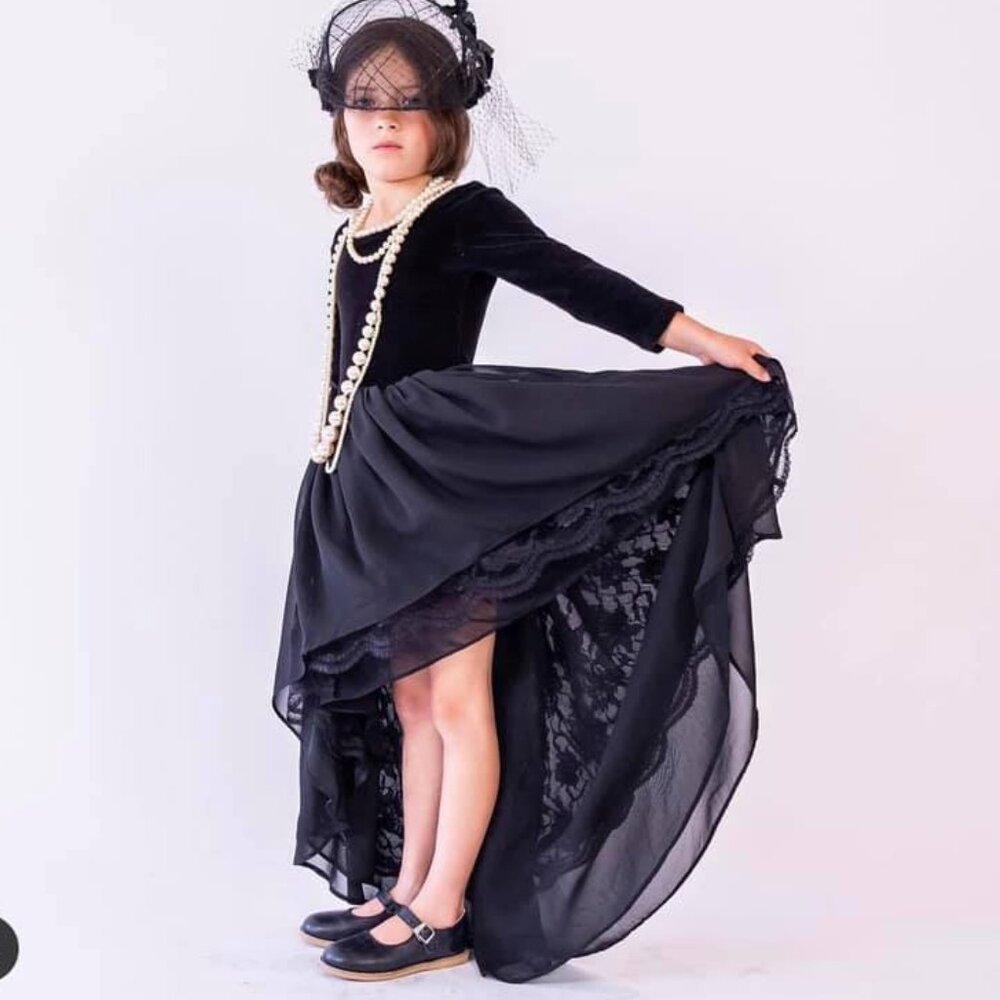 Girls Pleiades Designs Black Ballerina Eliza Velour Hi Lo Chiffon Lace Dress 4T